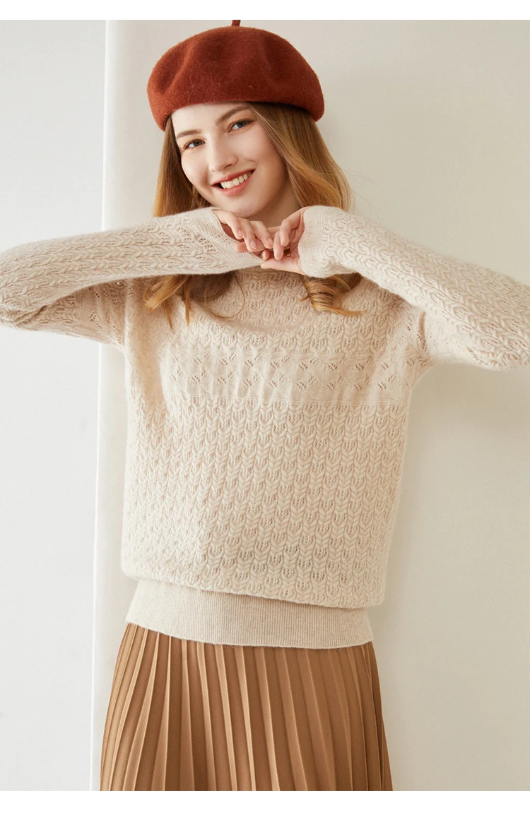Women New Pure Cashmere Sweater Spring/Autumn O-Neck Hollow Knit Loose Pullovers Fashion 100%Wool Sweater Wild Base Shirt Female white sweater
