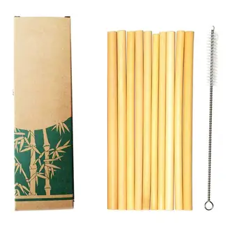 

10pcs Reusable Bamboo Drinking Straws Kit 100% Natural Organic Cleaning Brush Set Party Bar Accessory