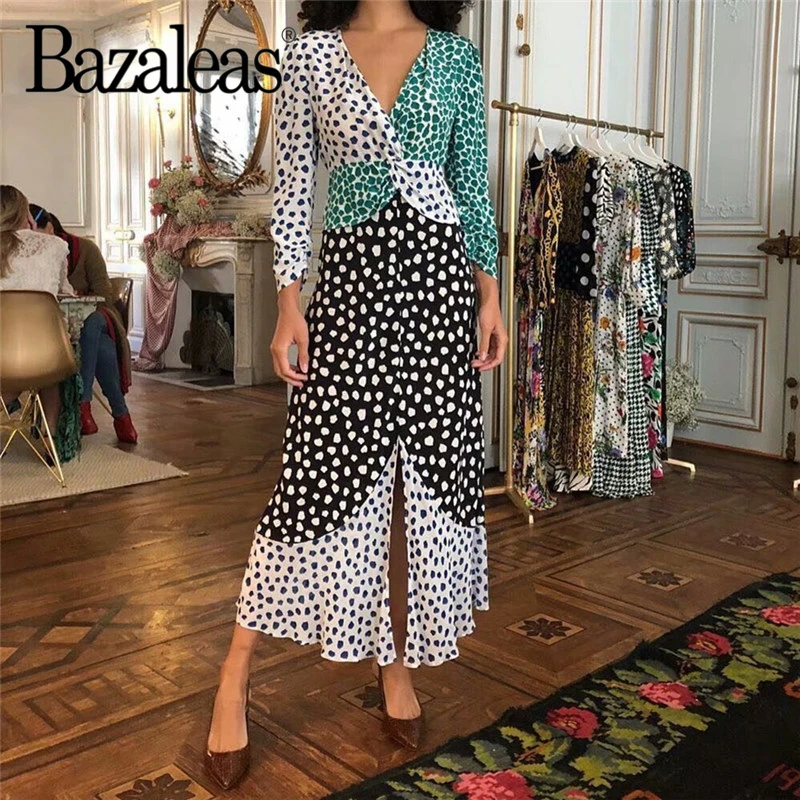 

Bazaleas Vintage Chiffon Women midi Dress Chic Leopard Print Patchwork Beach Dress Long Sleeve Women Dresses Holiday vestidos