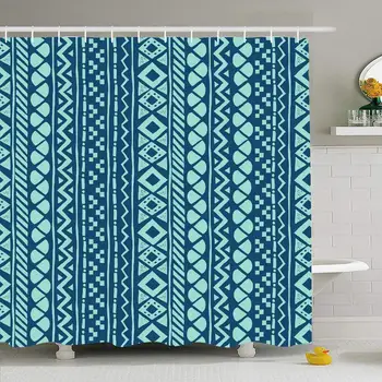 

Shower Curtain Set with Hooks 60x72 Blue Striped Aztec Tribe Black Pattern Simple Geometric Square Abstract Line Indian Style