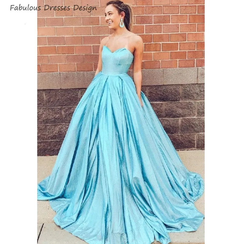 

Exquisite Light Blue Long Prom Dresses 2020 Strapless Sweetheart A Line Evening Dress Party For Women Vestido De Festa