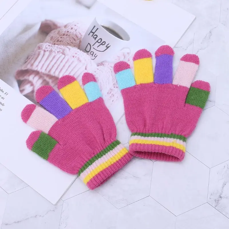 1 Pair Kids Gloves Full Finger Warm Winter Children Colorful Stripe Knitted Boys Girls Solid Glove Multi Color Elastic