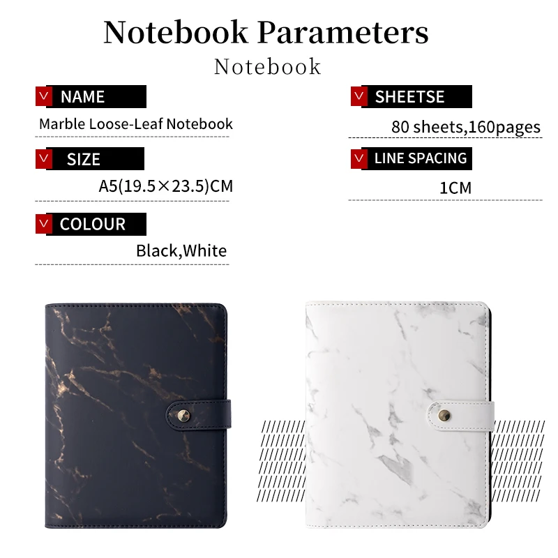 Black Ring Binder Marble Notebook Capa Dura Revistas Planejador Organizador Substituível Presente a5 - Imagem 4