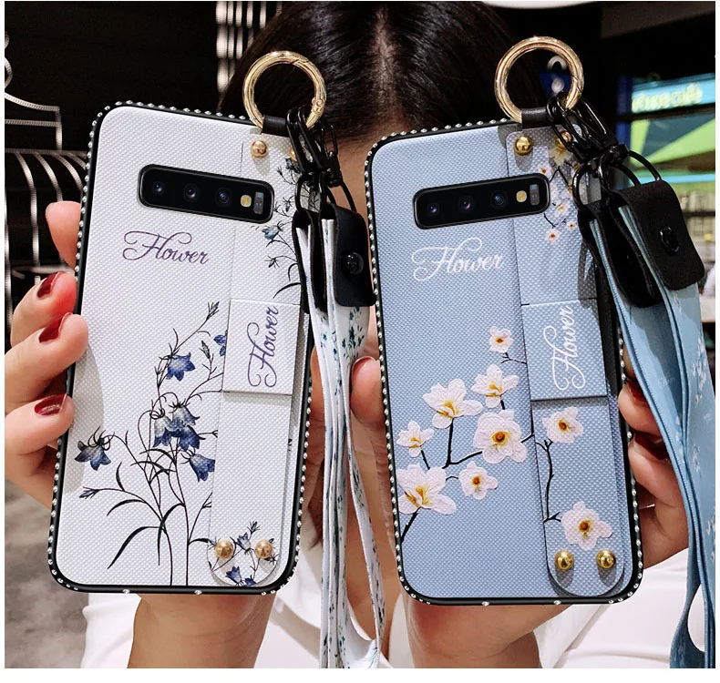 Wrist Strap Soft TPU Phone Case For Samsung Galaxy S10 Plus S10e Flower Patter Holder Luxury Bling Silicone Cover With Lanyard | Мобильные
