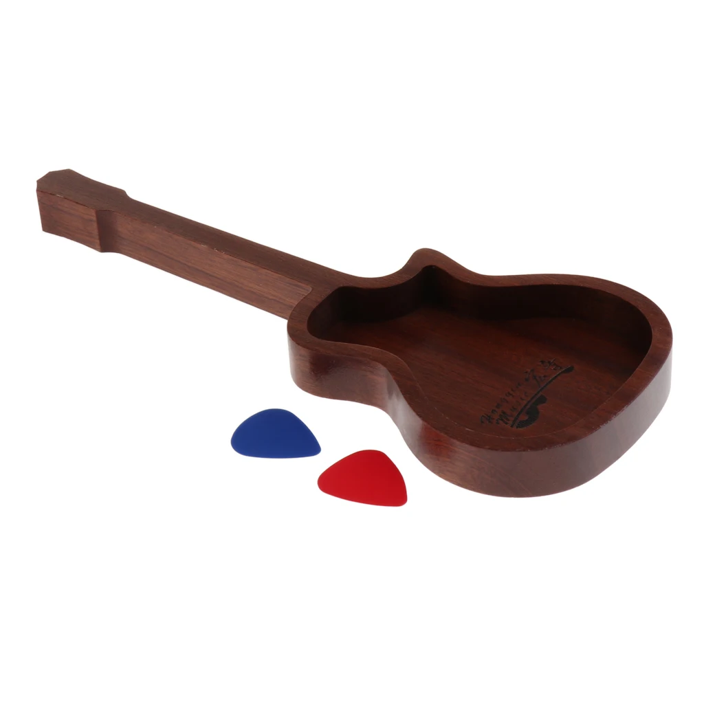 Durable Wooden Guitar Bass Pick Plectrums Box With 2pcs Picks
