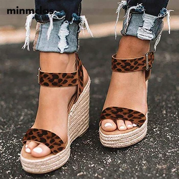 

MInmclas Women's High Heel Shoes 2020 Summer Sandals Female Fashion Buckle Open Toe Ladies Shoes Chaussures Femme ESPADRILLES