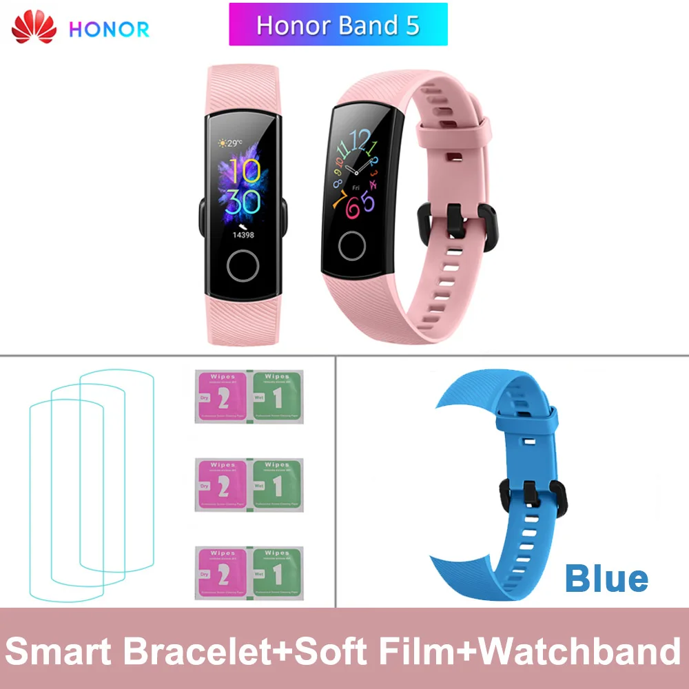 HONOR Band 5 фитнес умный Браслет мониторинг сердечного ритма 5 АТМ водонепроницаемый плавающий Bluetooth 4,2 смарт часы наручные часы - Цвет: Pink add Blue Strap