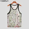 Men Tank Tops Mesh See Through Embroidered Sleeveless O Neck Breathable Streetwear Vests 2021 Sexy Casual