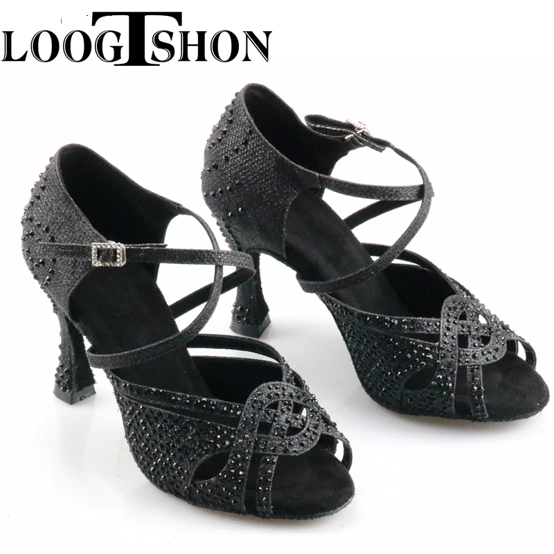Loogtshon Women Latin Dance Shoes Rhinestones Soft Bottom Salsa Shoes For Dancing Ladies Sandals Women's Wedding Hight Heels 7.5