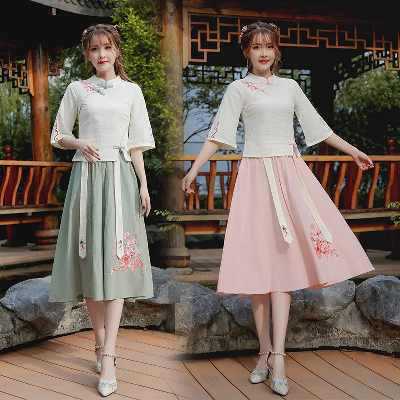 

2019 Photo Shoot Origional New Style WOMEN'S Dress Cotton Linen Embroidered Stand Collar Ribbon Frog Tops + Skirt Suit