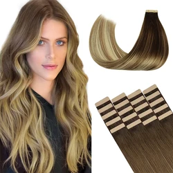POPUKAR Straight Human Hair Extensions Tape In Walnut Brown to Ash Brown and Bleach Blonde Remy Hair 50 Gram Per Pack