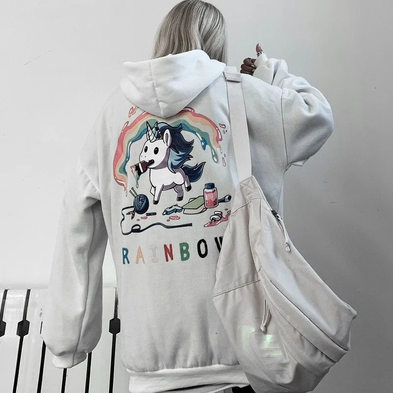 Lychee Harajuku повседневные свободные женские флисовые толстовки с капюшоном с изображением радуги и единорога Женские флисовые толстовки с капюшоном осенне-зимние женские топы