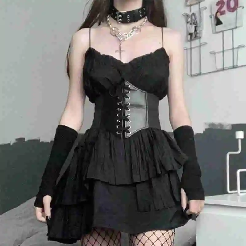 여성용 고딕 다크 레이스업 허리 와이드 PU 가죽 벨트, 여성 패션 슬리밍 허리띠, 조절 가능한 원피스 거들, 1 개