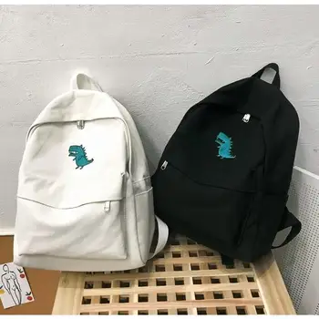 

Women's Korean Style Canvas Backpack Fashion Campus Bag Large Capacity Small Dinosaur Printing Backpacks Book Bag Black White