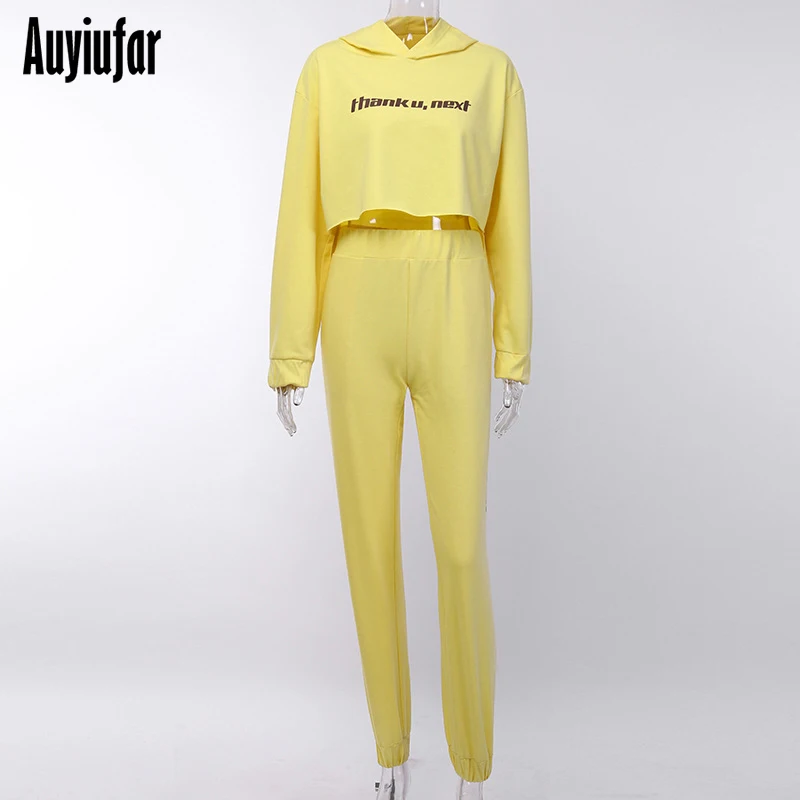 Auyiufar женский однотонный комплект из 2 предметов с капюшоном и буквенным принтом, укороченный топ с длинными рукавами и штаны, повседневный Модный комплект, Осенние тренировочные для бегунов, комплекты - Цвет: yellow