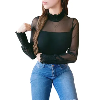 

Sale Atuumn Turtleneck T-shirts Women Transparent Mesh Patchwork Tee Shirt Femme Sexy Slim Solid Colour Tops Tee Ladies D30