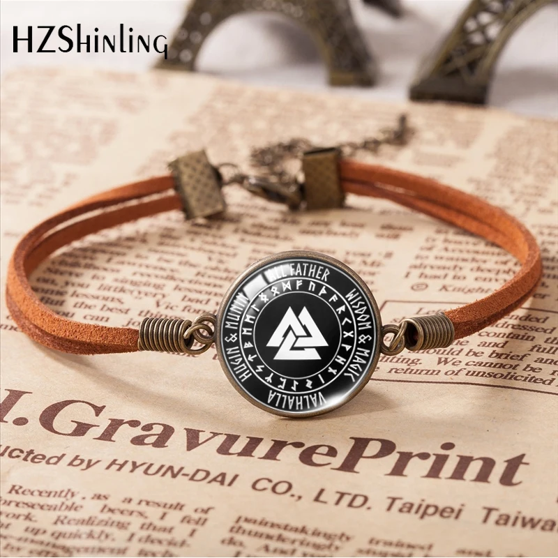 2020 Popular Norse Viking Leather Beacelet Glass Triangle Rune