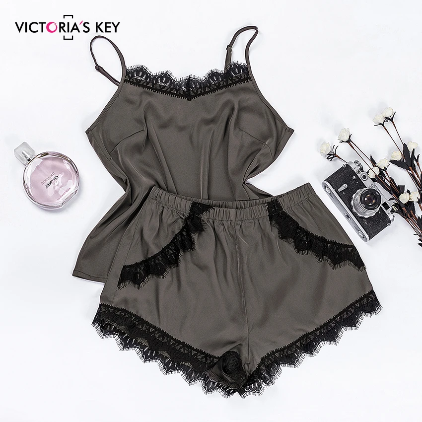

VICTORIA'S KEY Brown Satin Sexy Lace Pajamas Set Sleeveless Spaghetti Strap Sleepwear Pajama Sets Night Suit Women Pyjama 2019