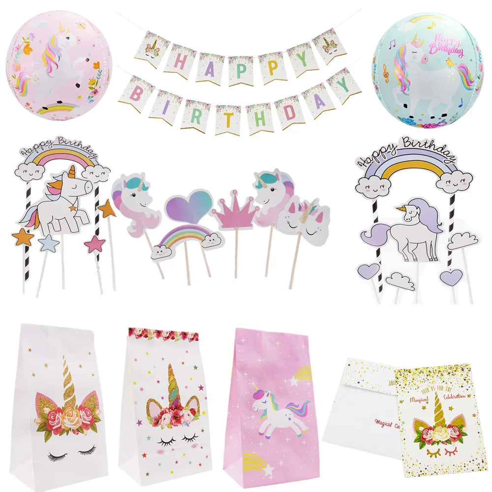 Единорог баннеры шары торт Топпер бумажное полотенце бумажный мешок конфеты