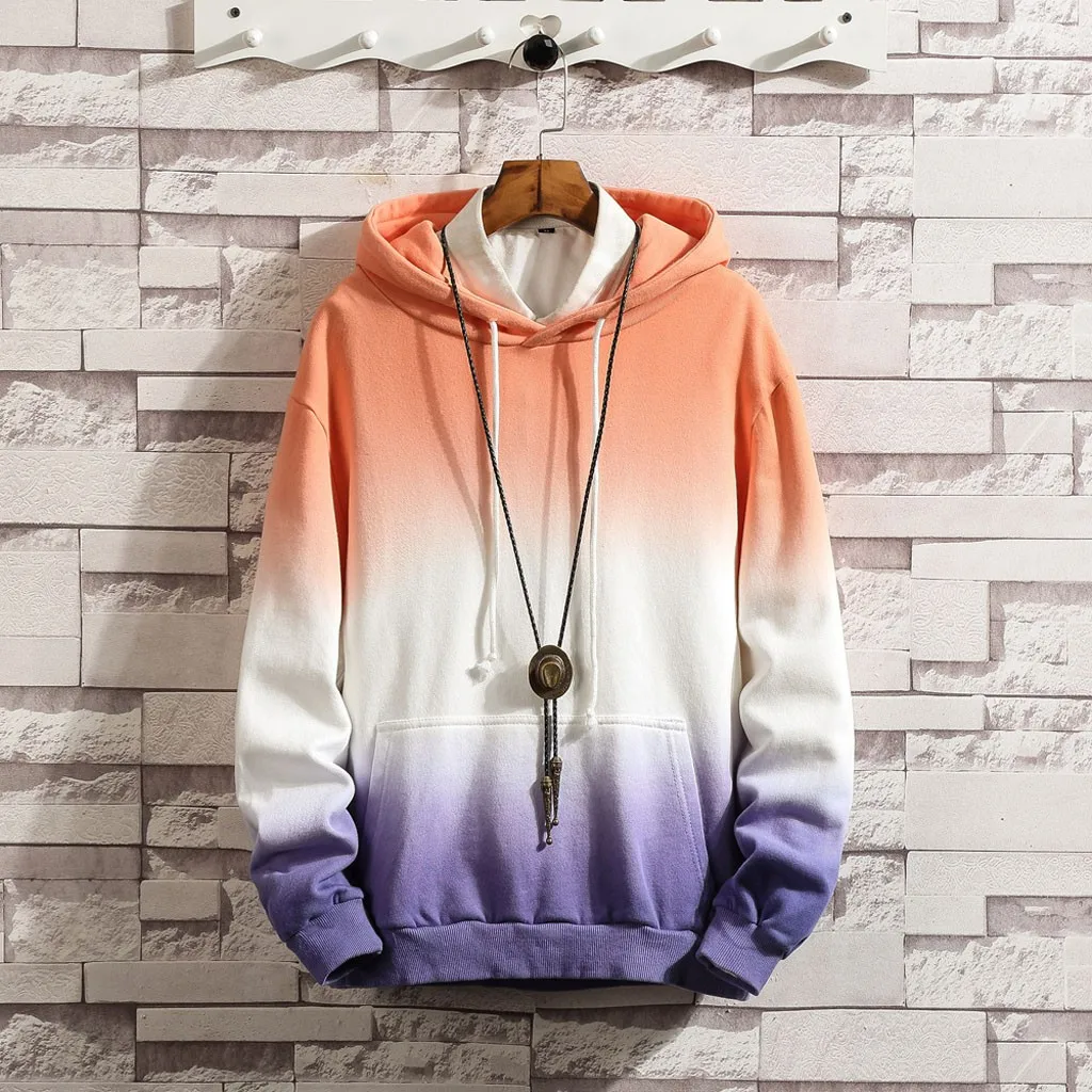 Mens Casual Gradual Change Long Sleeve Cotton Hoodies Pockets Top