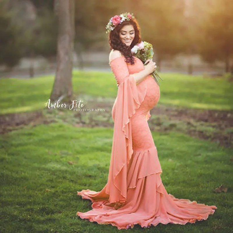 

Elegant Lace Maternity Gowns for Photo Shoot Puff Sleeve Ruffle Pregnant Dresses for Women Maxi Long Pregnancy Dress Photography