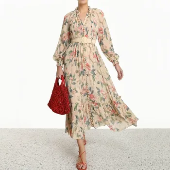 

2020 New Spring Flower Print Patchwork Ruffles Boho Dress Women's Single-Breasted Long Lantern Sleeve Floral Belt Chiffon Dress