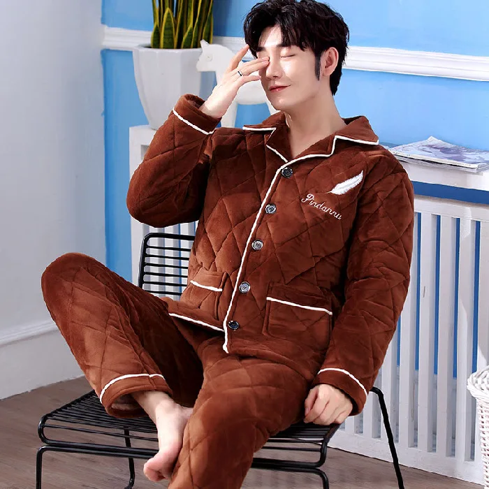 

Men Pajamas Winter Thick plus Velvet Coral Velvet Three Layer Quilted Suit Flannel Warm Tracksuit Autumn And Winter