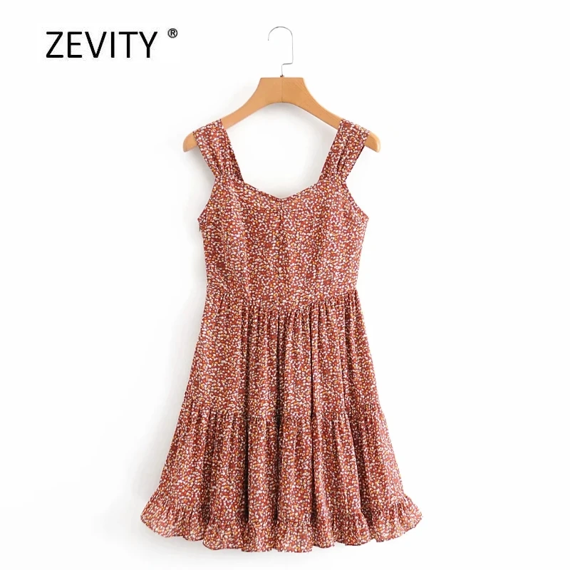Zevity Women french vintage printing sling mini Dress Ladies pleats ruffles casual slim vestido side zipper party Dresses DS4027 Zevity Women french vintage printing sling mini Dress Ladies pleats ruffles casual slim vestido side zipper party Dresses DS4027