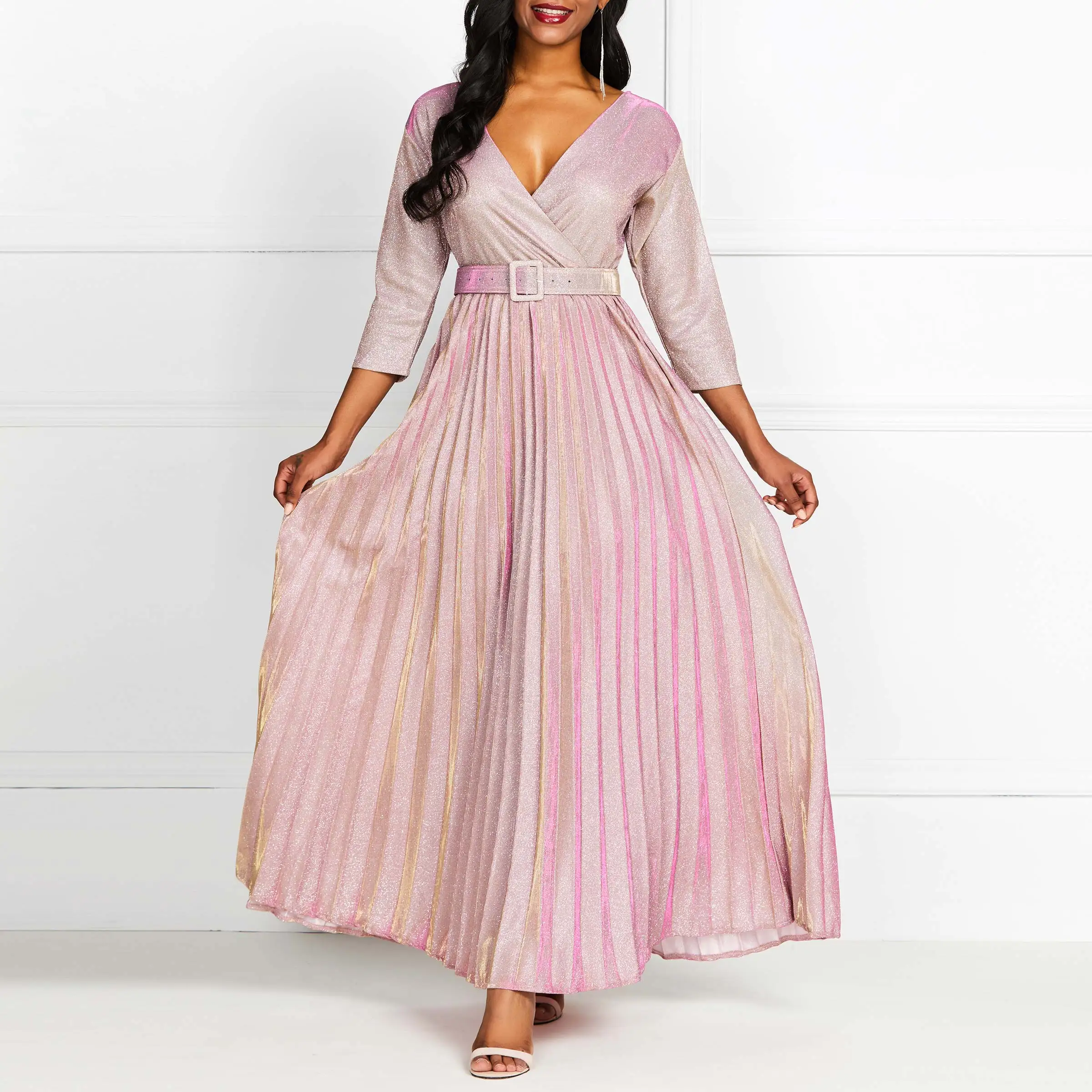 

2019 Reflective Long Dress Women Pleated Sexy Deep V Evening Elegant Robe Spring High Waist Fashion Belt Party Pink Maxi Dresses