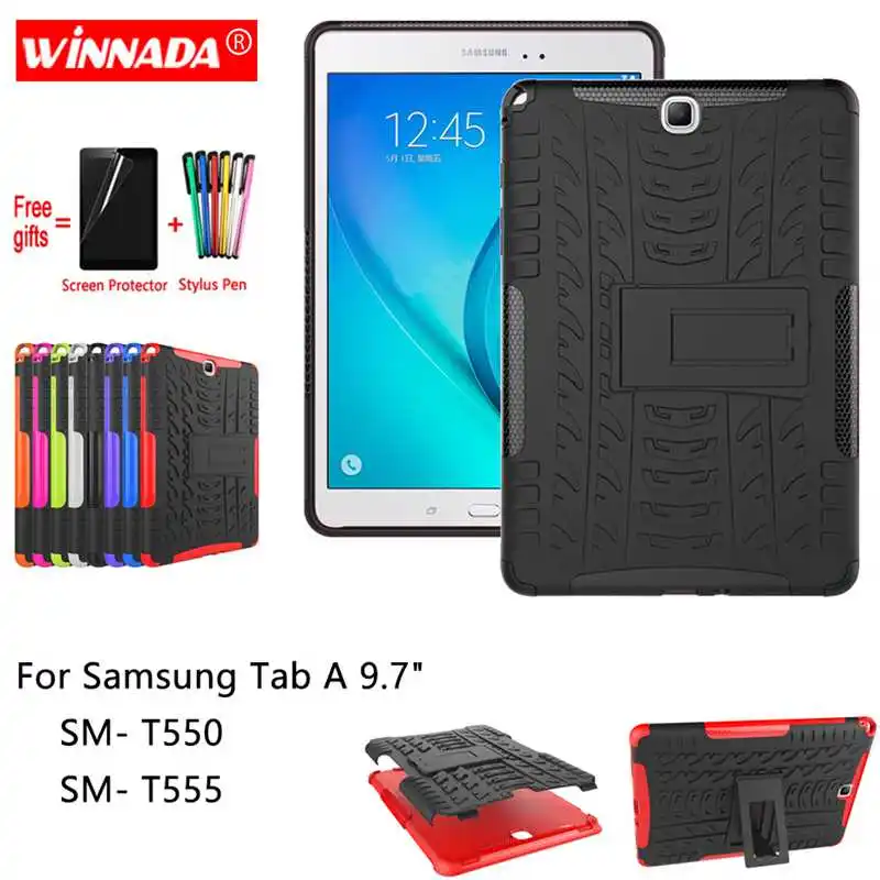 For Samsung Galaxy Tab A 9.7 T550 case for SM-T550 T555 Tablet 9.7 inch armor Silicone TPU+PC Shockproof Stand Cover +pen+Film