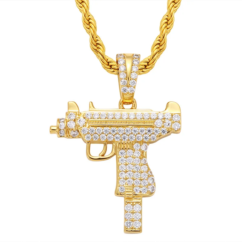 

Hip Hop Prong Setting AAA CZ Stone Bling Ice Out CSGO Submachine Gun Pendants Necklace for Men Rapper Jewelry Gold Silver Color