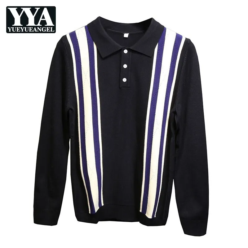 

Spring Autumn Long-Sleeve Pullover Sweaters Men Lapel Single-Breasted Striped Mixed Color Slim Fit Knitting Tops England Style