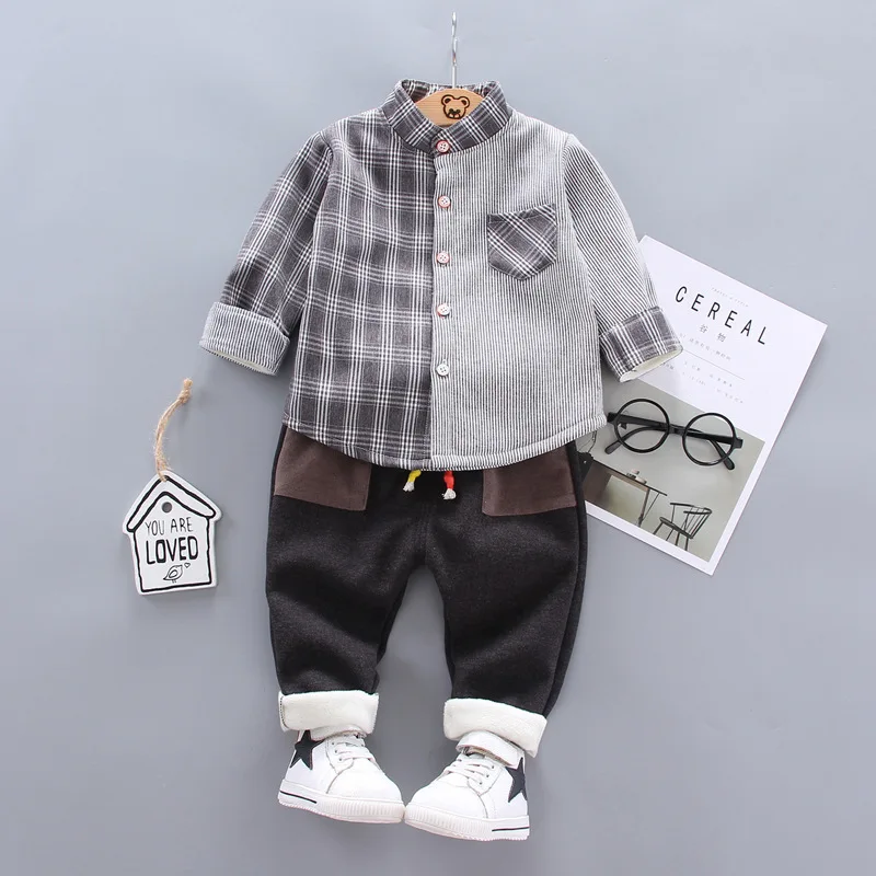 Grey no shoes Одежда для мальчиков с плюшевой подкладкой, полосатый топ в клетку с вышивкой для мальчиков, верхняя одежда года, детский костюм на год для малышей - Цвет: Grey no shoes