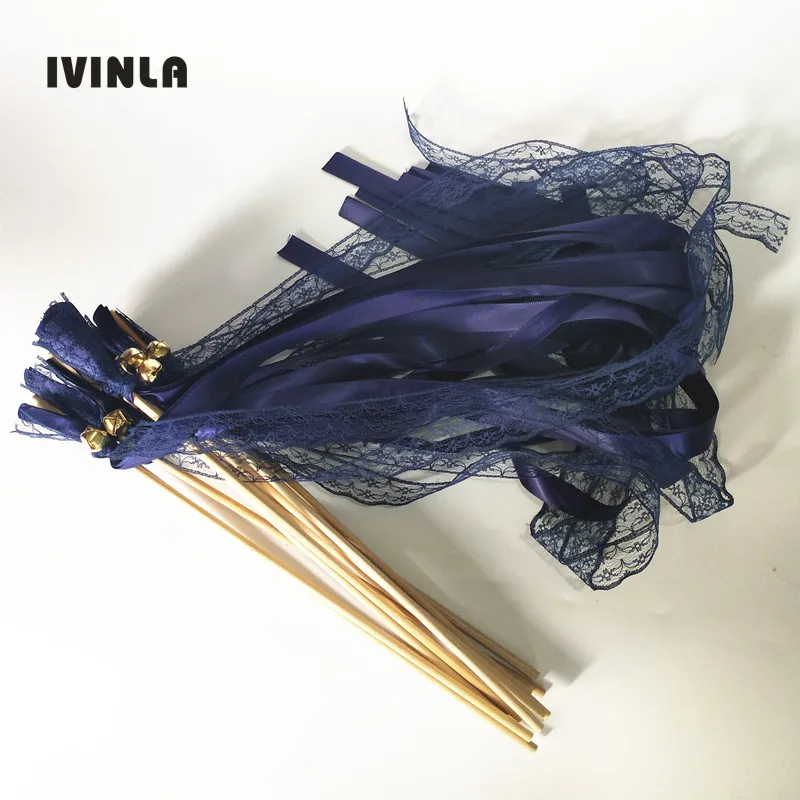 Newest 50pcs/lot navy Lace Wedding Ribbon Wands and big Bells for wedding decoration