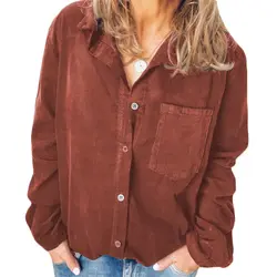 Осенние Теплые вельветовые блузка Для женщин в винтажном стиле, с длинным рукавом рубашки с v-образным вырезом Femme свободный однотонный