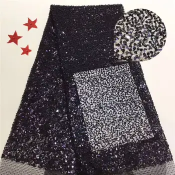

2020 Latest Black French Nigerian Laces Fabrics High Quality sequins Tulle African Laces Fabrics For Wedding dress SL05