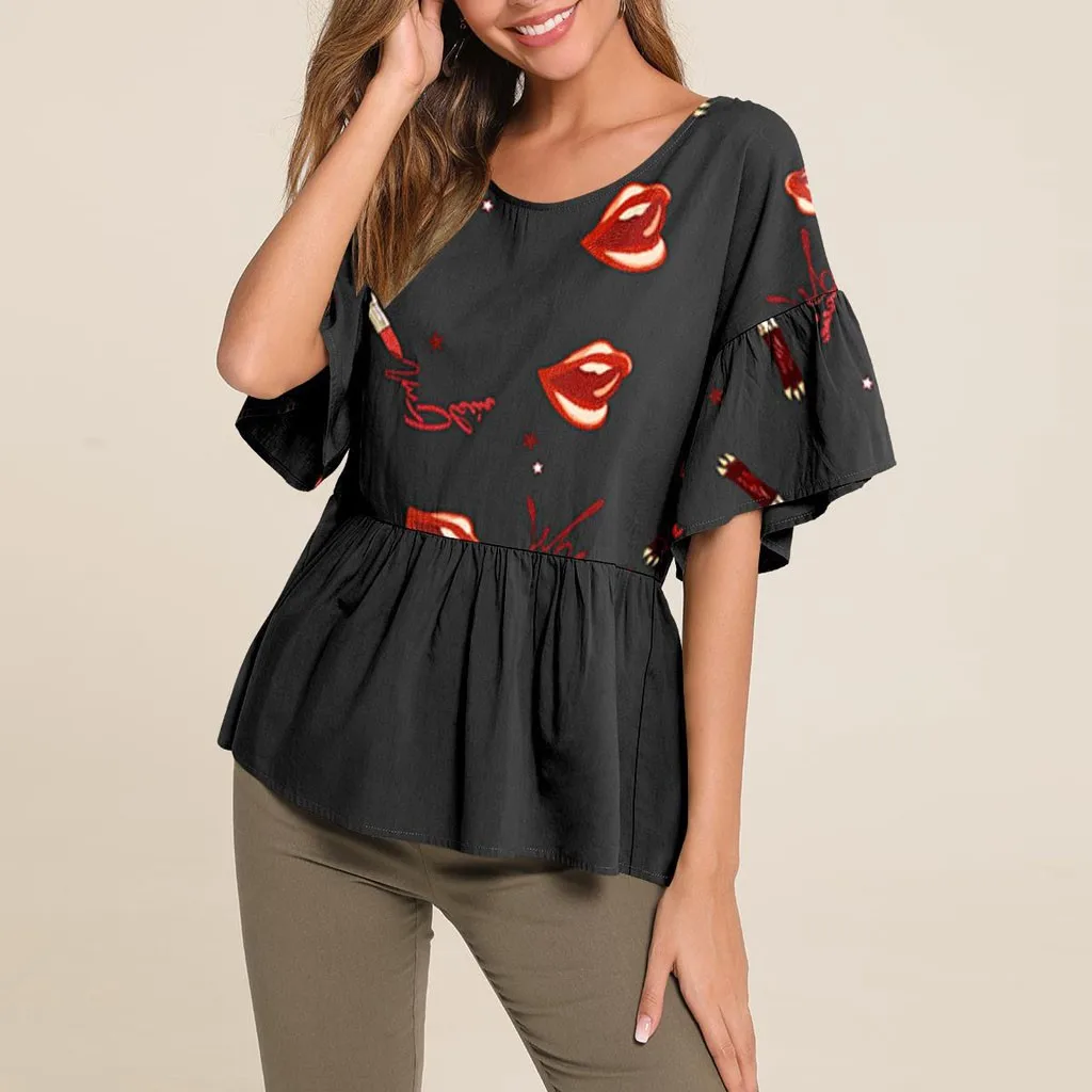 Женская Расклешенная футболка с короткими рукавами в полоску принтом губ и