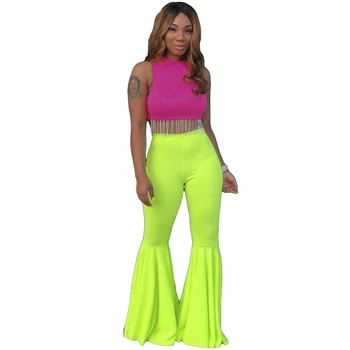 

2020 Neon Green Women Two Piece Set Top and Pants Suit Elegant Tassel Crop Top Flare Pants Set Club 2 Piece Matching Summer Sets