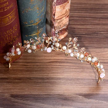 

Baroque Rhinestone Pink Crystal Beads Bride Crown Tiara Wedding Bridal Diadem Headpiece Bride Hair Accessories Jewelry