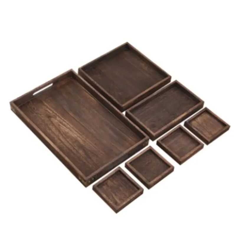 Set of 7 Rustic Paulownia Wooden Nesting Serving Trays Set with Cutout Handles