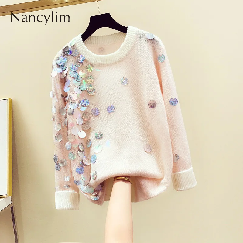 

Sequins Lazy Pullover Women Sweater 2019 Autumn New Koreanstyle Loose Long Sleeved Knitted Sweater Girls Lady Long Pullovers