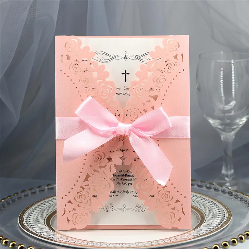  10Pcs Floral Laser Cut Wedding Invitation with Envelope and Seal Bridal Baby Shower Birthday Gradua - 4.00054E+12