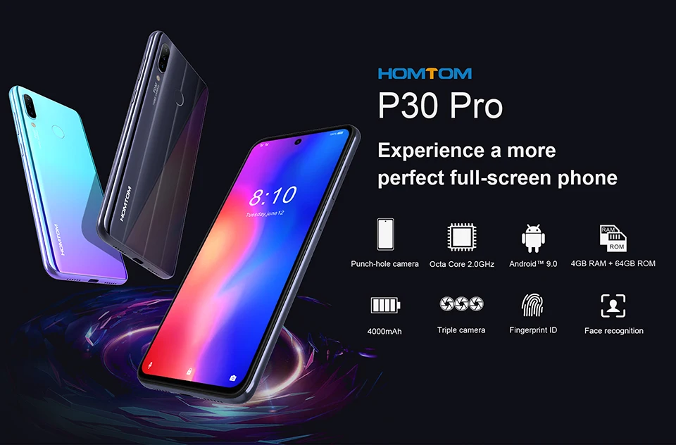 Оригинал HOMTOM P30 pro Android 9,0 MTK6763 Восьмиядерный 4 Гб 64 Гб стеклянный чехол Смартфон 6,41 дюйма 4000 мАч 4G Mobile мобильный телефон