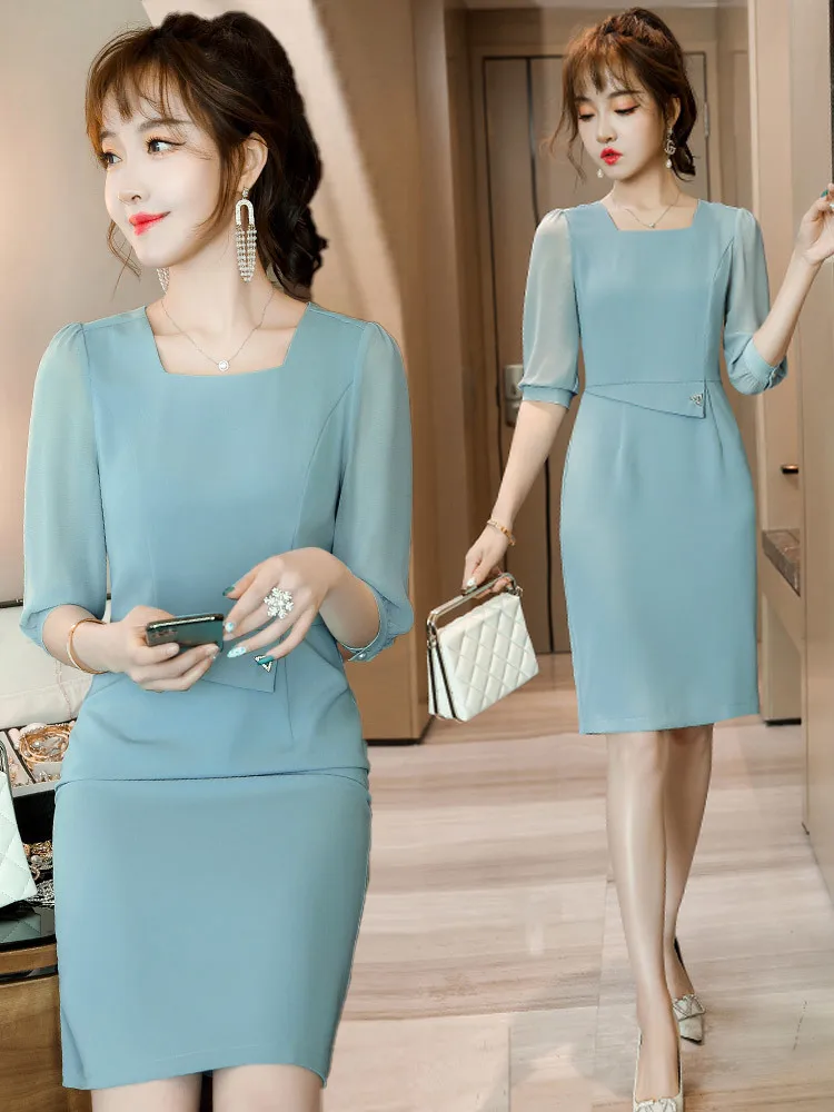 Fashion Elegant Blue OL Styles Women Dresses Half Sleeve Spring Summer Business Work Wear Ladies Beauty Salon Vestidos Clothes 2