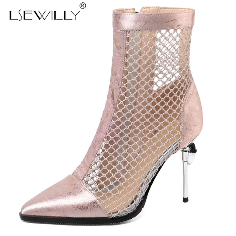 

Lsewilly New Women net boots Pointed toe Stiletto High-heeled zipper Ankle Boots Lady Party Shoes Woman pumps Cool Boots