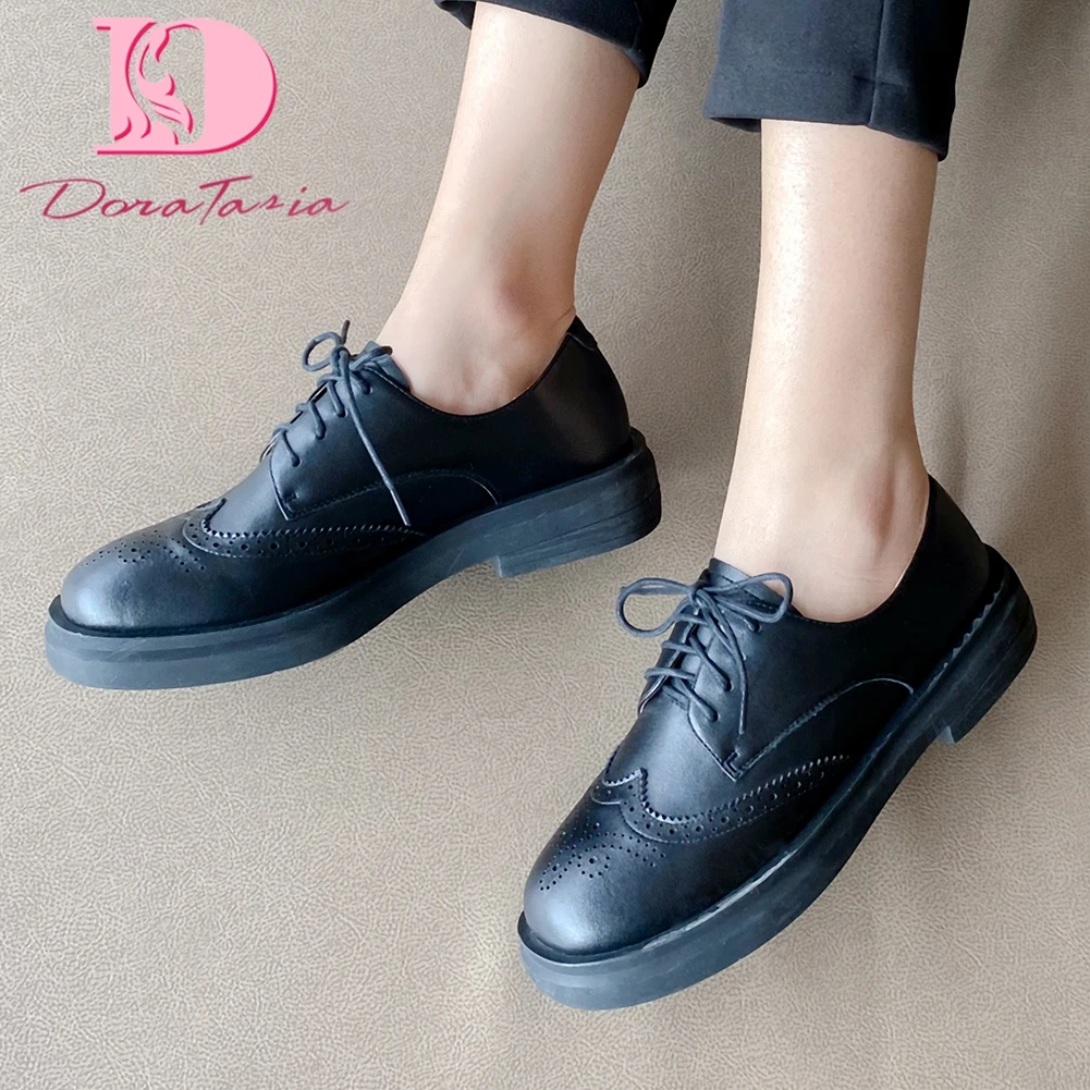 

Doratasia Hot New Design Lace Up Brogue Shoes Woman Flats Genuine Cow Leather Comfortable Office Lady Flats Women Shoes