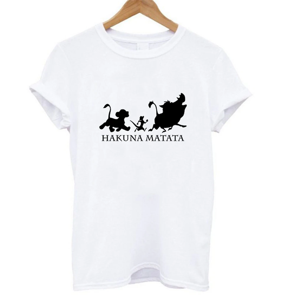 Эффектная женская футболка HAKUNA MATATA, летняя женская футболка, короткий рукав, принт с героями мультфильмов, белая, черная, милые футболки Harajuku
