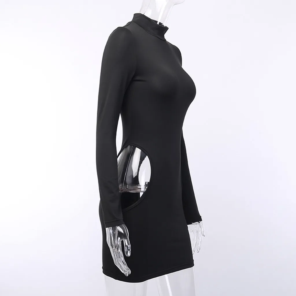 Vestidos femininos, модное, kleider damen, женское, однотонное, с высоким воротом, с длинным рукавом, с вырезом, облегающее, Мини, Повседневное платье, vestidos verao