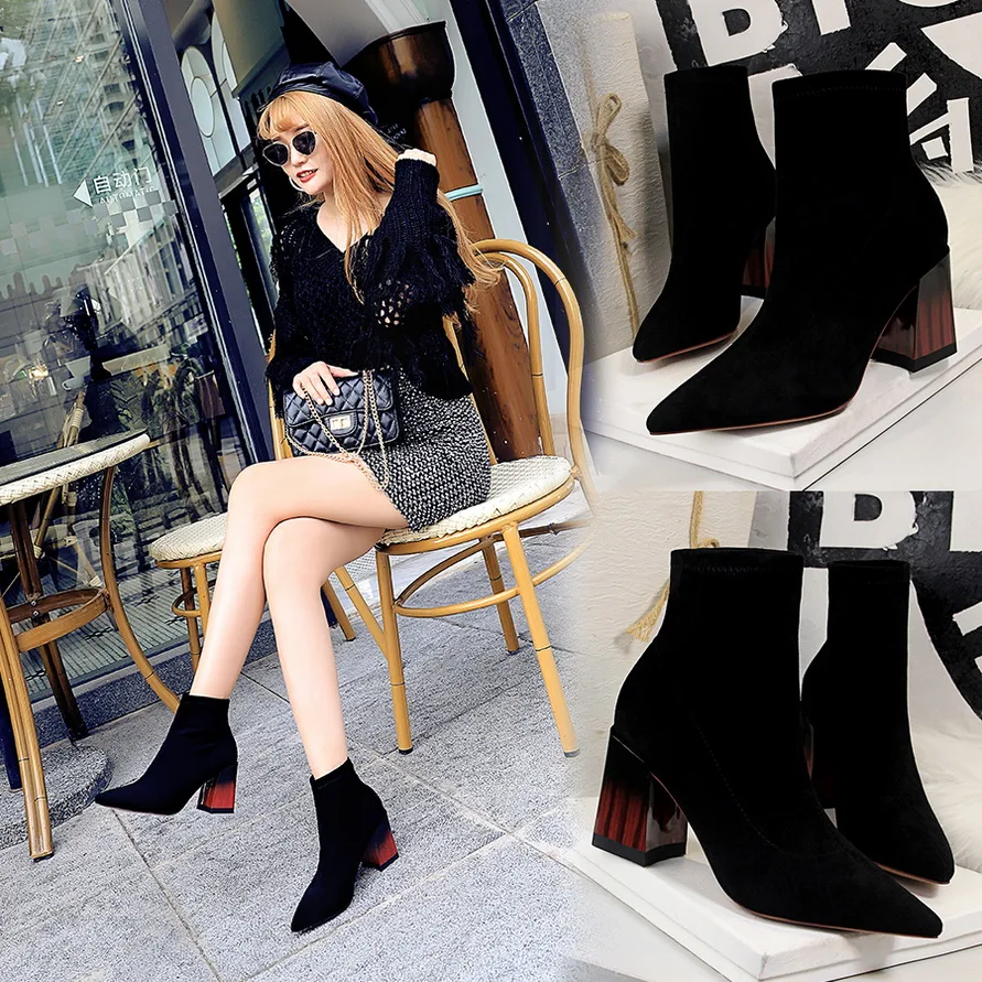 

Spring Women's Boots Pointed Toe Yarn Stretch Fabric Ankle Boots Thick Heel High Heels Shoes Woman Female Socks Boots shoes boot