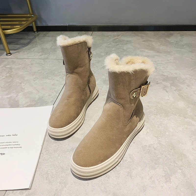 Fashion Mid-Calf Boots Women Winter Keep Warm Plus Velvet Short Boots Ladies Waterproof Women Shoes Belt Buckle Decoration